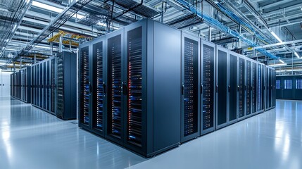 Server racks in a modern data center with blue cables overhead