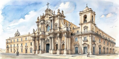 Obraz premium Ink sketch of Syracuse Cathedral in Sicily , Syracuse, Cathedral, Catholic church, Italy, Sicily, Ink sketch,Architecture