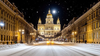 Fototapeta premium Under a radiant full moon, the Cathedral of St. Petersburg glows as snowflakes dance through the air, while couples stroll along warmly lit streets blanketed in snow