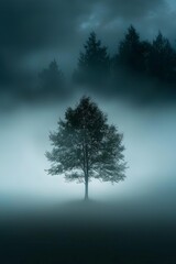 A lone tree in a foggy forest where all other trees are faint silhouettes, with this one tree standing out, sharply defined, and illuminated by a soft, ethereal light. 