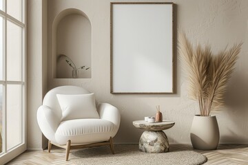Modern interior mockup with white armchair and stone side table, blank wall art frame on light beige background, minimalistic decor.