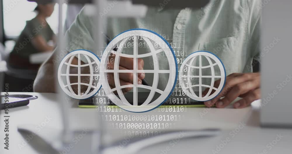 Poster animation of globe icons, binary coding data processing over biracial businessman in office