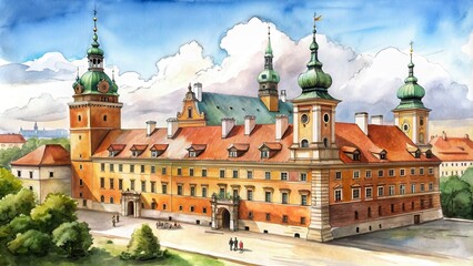 Fototapeta premium Watercolor sketch of the historic Warsaw Royal Castle in Poland, Warsaw, Royal Castle, Poland, watercolor, sketch