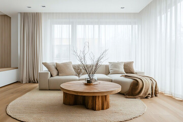 Fototapeta premium A living room with large windows and curtains. A modern interior of a Polish house with a white sofa and a wooden table. Generative AI 