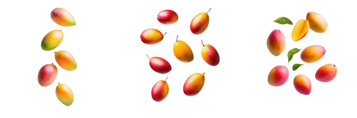 falling ripe false mangos on white background, full depth of field,transparent background