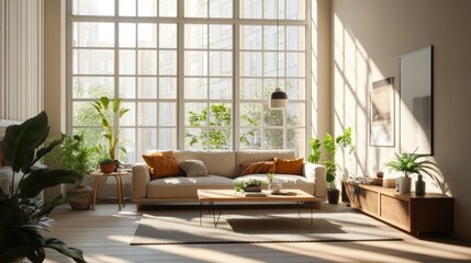 Fototapeta premium A spacious and inviting minimalistic living room filled with natural light streaming through large, grid-patterned windows.