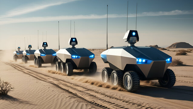Title: A Convoy of Sleek Metallic Unmanned Ground Vehicles

