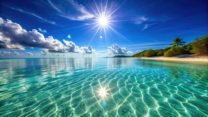 Fototapeta premium Crystal clear water reflecting sunlight on a tranquil beach, beach, ocean, waves, reflection, serene, blue, clean, nature