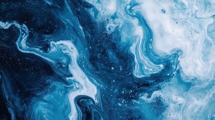 This artwork showcases a captivating blend of swirling blue and white colors, creating an impression of fluidity and depth