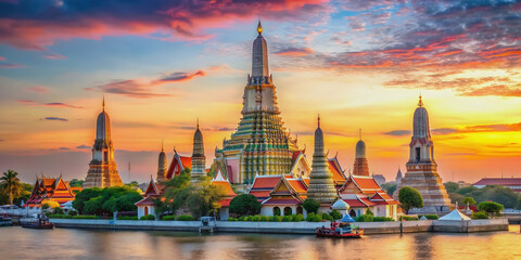 Fototapeta premium Majestic Chinese-style painting of Wat Arun with colorful spires in a riverside setting, Chinese, painting, Wat Arun