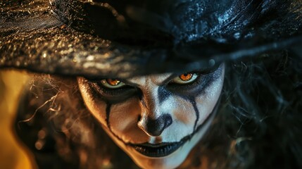 A close-up of a witch&acirc;&euro;&trade;s face with dramatic makeup and a pointy hat