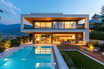 Fototapeta premium Modern house with swimming pool and terrace, illuminated at night with views of Italian Alps, garden, and city lights in the valley, white walls and glass windows.