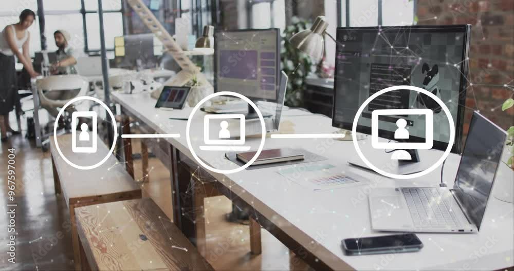 Aufkleber animation of digital icons and data processing over office