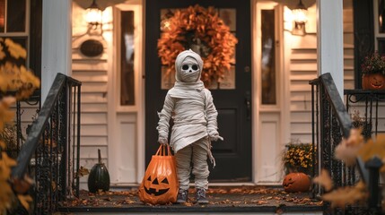 Fototapeta premium A child dressed as a mummy, holding a trick-or-treat bag and standing on a decorated porch