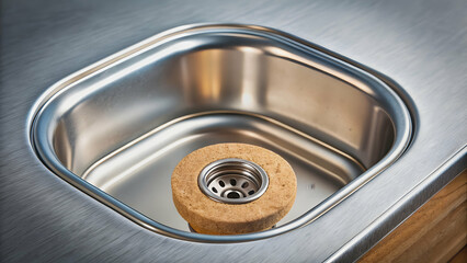 Close-up shot of a steel kitchen sink with a cork stopper, preventing debris from entering the sewer , kitchen, sink, steel