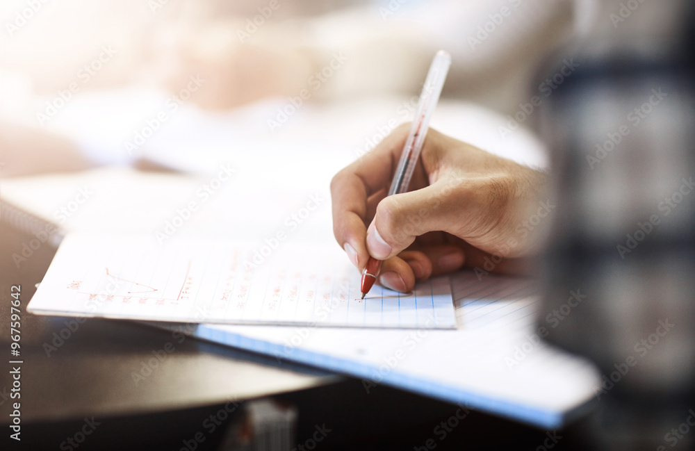 Poster writing, education or hand of person in college for learning, notes or accounting course. student, b