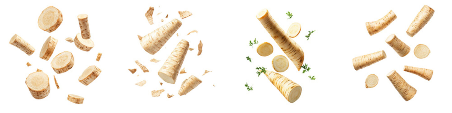 falling parsnip slices on white background, transparent background