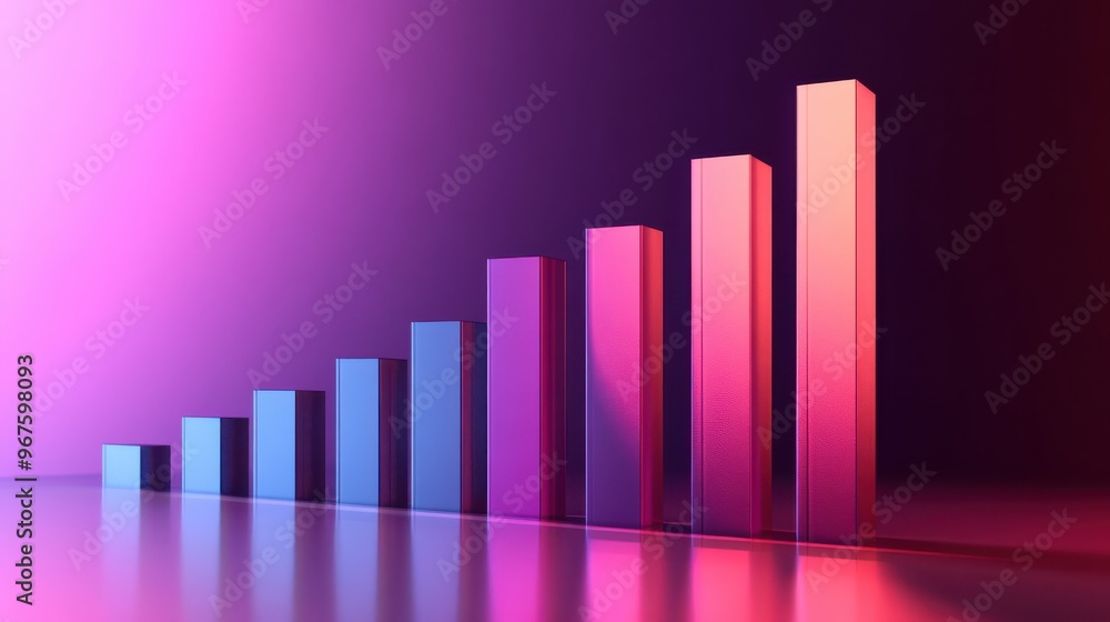 Poster Abstract 3D bar chart in blue and pink gradient lighting, representing data growth and analytics with a modern visual style.
