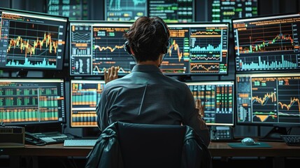 He is wearing headphones and he is focused on the numbers