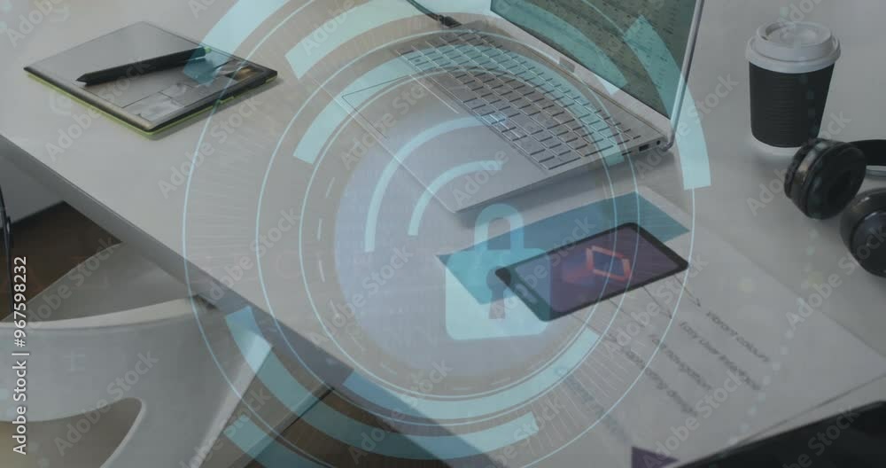 Aufkleber animation of digital padlock icon and data processing over desk in office