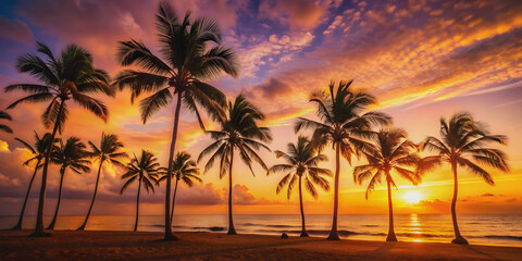 Warm sunset glow over tropical beach with palm tree silhouettes , sunset, horizon, tropical, beach, palm trees, silhouettes, warm