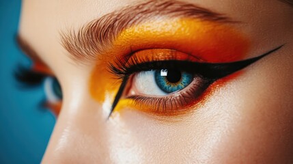 A close-up of a model eyes, with dramatic eye makeup creating a bold and striking look.
