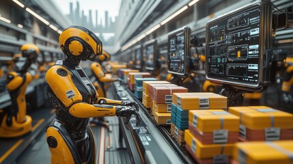 Fototapeta premium A robot is working in a factory with other robots