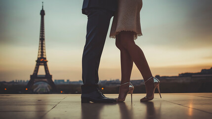 A romantic embrace at the Eiffel Tower with a man in a suit and a woman in a high heel dress during daylight