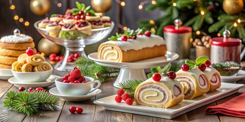 Naklejka premium Christmas desserts Swiss roll decorated on table, gourmet party background, Christmas, desserts, Swiss roll, decorated