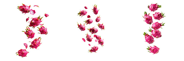 falling ripe dragon fruits on white background, full depth of field, transparent background
