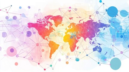 Fototapeta premium A vibrant watercolor world map design featuring colorful connections and networks, perfect for showcasing global themes.