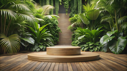 Fototapeta premium Wooden podium surrounded by tropical plants in a garden setting, wooden, tabletop, podium, outdoor, tropical, garden, blurred