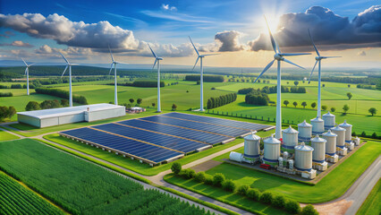 A vast solar power station with solar panels on a green field, surrounded by wind turbines under a blue sky, showcasing renewable energy in a rural landscape