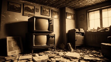 generative ai, Cluttered Vintage Living Room with Stacked Televisions and Old Magazines