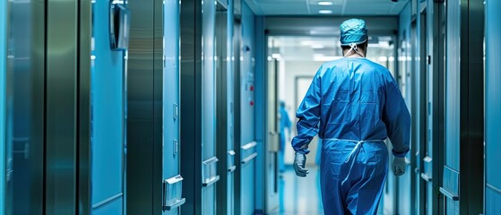 A doctor in a blue lab coat walks down a hallway