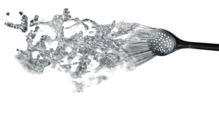 Showerhead with Flowing Water Stream on png background.
