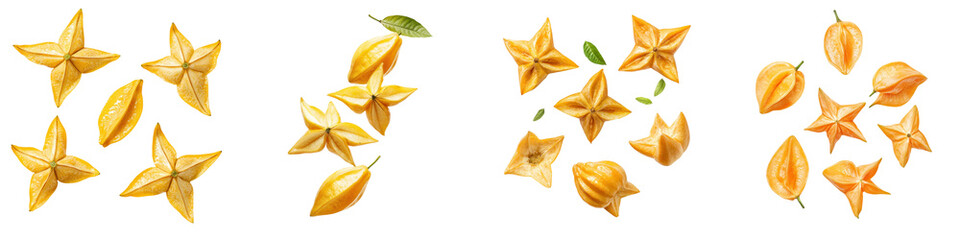 Naklejka premium falling ripe star fruits on white background, full depth of field,transparent background
