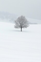 A lone tree in a vast, open field of pure white snow 