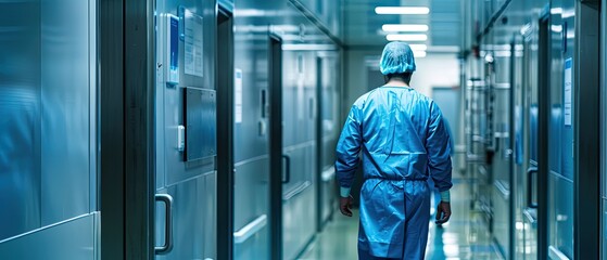 A man in a blue lab coat walks down a hallway