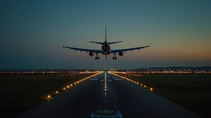 Airplane landing on runway at night with city lights in background