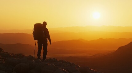 Obraz premium Silhouette hiker on a desert landscape with the sun setting behind.