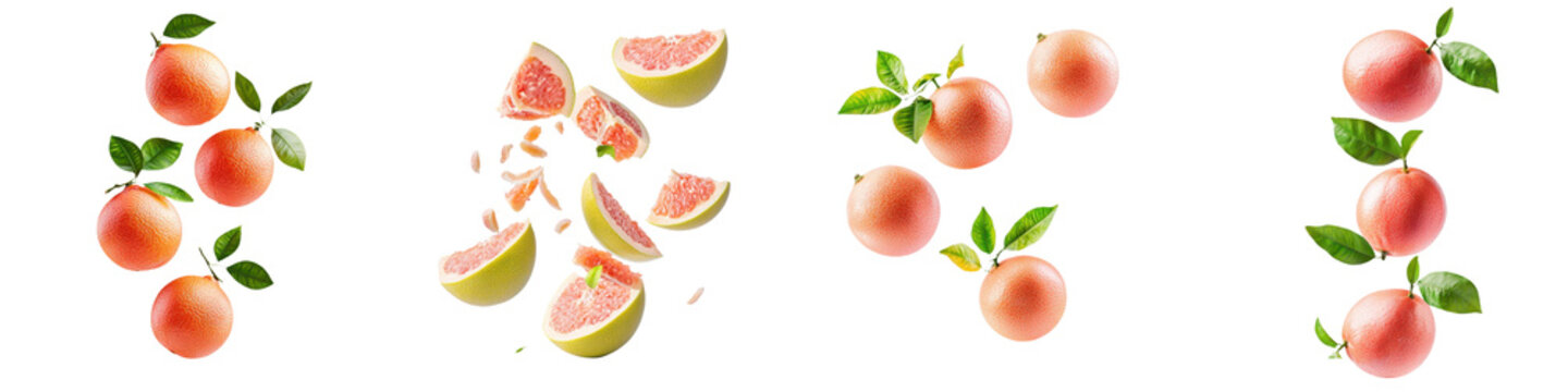 falling ripe pomelos on white background, full depth of field,transparent background