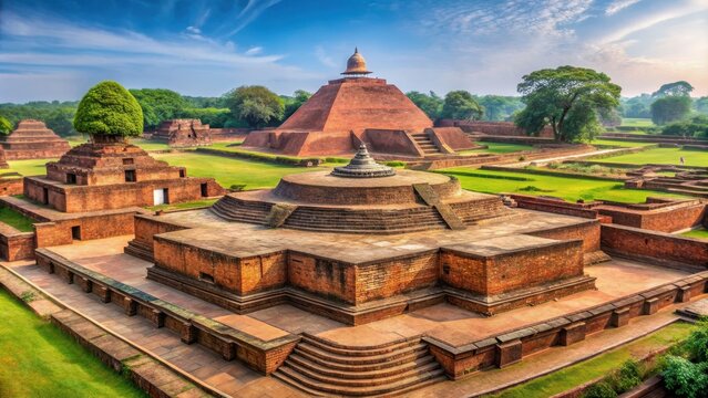 Panoramic view of the ancient Indian monastic site Nalanda Mahavihara , Archaeological, Historical