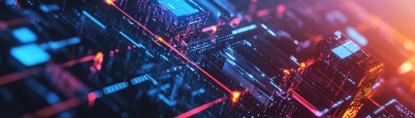 Obraz premium Abstract digital background featuring glowing circuits and vibrant colors, ideal for technology and innovation themes.