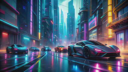 Futuristic cyberpunk street race featuring high-tech vehicles , cyberpunk, futuristic, street race, technology, competition, speed