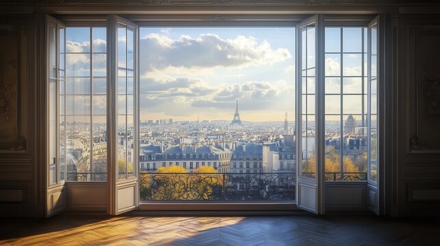 Fototapeta A breathtaking view of Paris from an open window, showcasing the Eiffel Tower and a vibrant skyline under a cloudy sky.