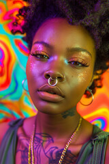 Model with a septum piercing, highlighting the unique jewelry and the expression on their face, set against a vibrant, colorful backdrop.
