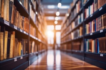 Bookshelf In Library Interior With Blurred Books In Background