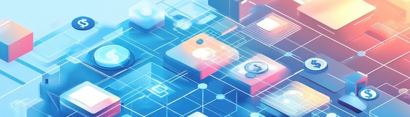 Abstract futuristic technology background with digital blocks and symbols, representing innovation and connectivity in cyberspace.