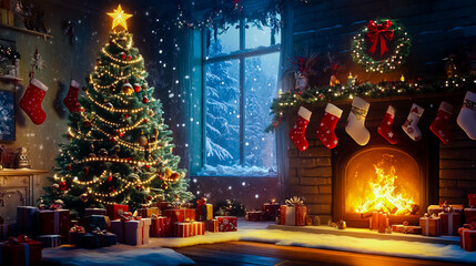 A beautifully decorated Christmas living room at night.